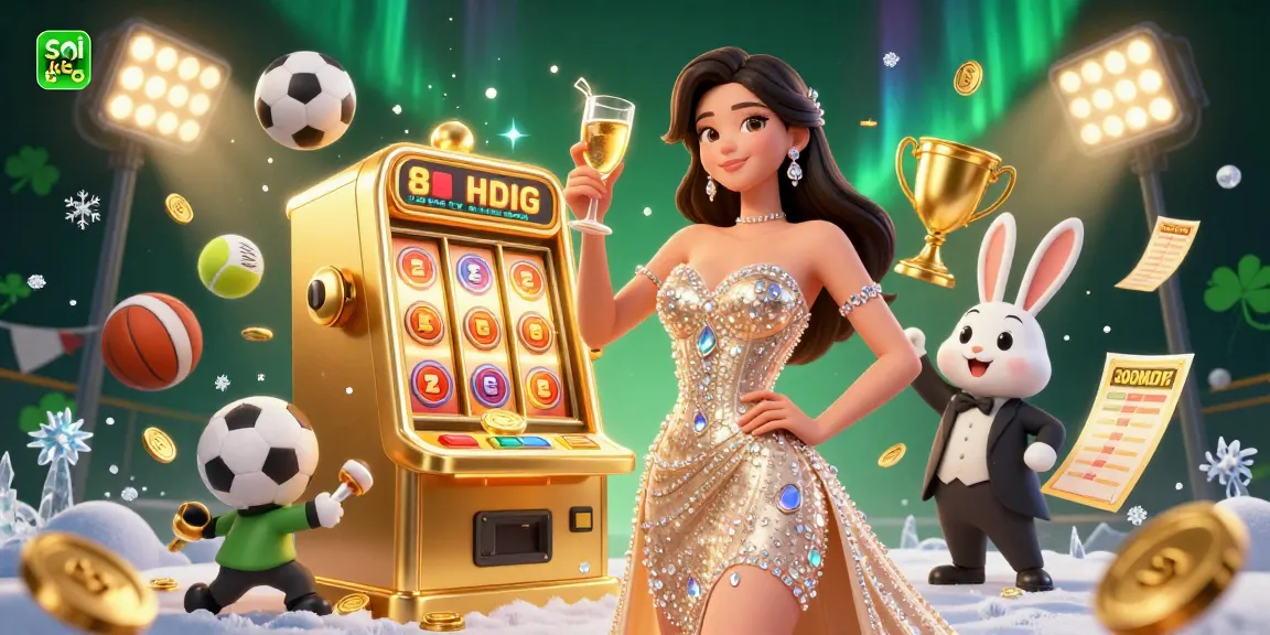 Soi kèo betting strategies illustrated with a glamorous woman celebrating by a jackpot slot machine
