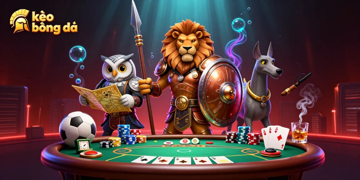 Experience thrilling kèo bóng đá action in a vibrant scene with a Spartan lion and strategic owl amidst poker and sports elements.
