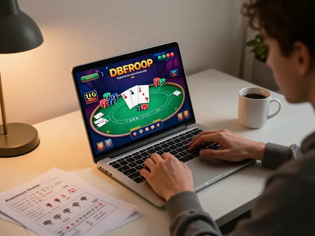 Người đam mê câu lạc bộ Hit chơi poker trên laptop với đồ họa trò chơi đầy màu sắc và ghi chú chiến lược.