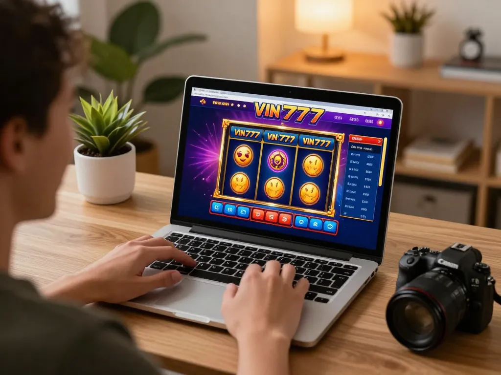 Engaging gameplay on a laptop showcasing VIN777 slots in a cozy home atmosphere.