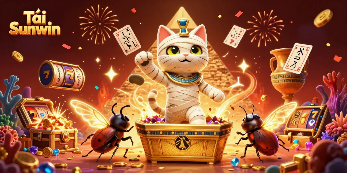Tải Sunwin showcases vibrant gaming action with a 3D cartoon Egyptian mummy cat and treasures amidst a casino atmosphere.